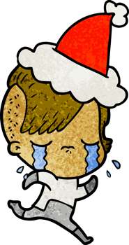 hand drawn textured cartoon of a crying girl wearing space clothes wearing santa hat png
