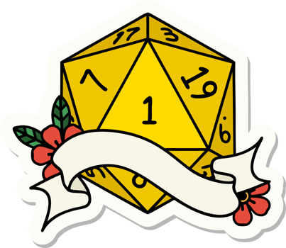 sticker of a natural one d20 dice roll png