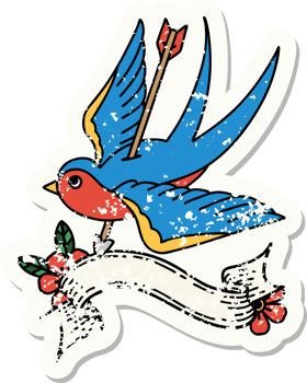worn old sticker with banner of a swallow png