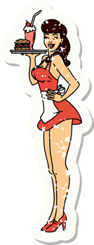 distressed sticker tattoo in traditional style of a pinup waitress girl png