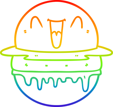 rainbow gradient line drawing of a cartoon happy burger png