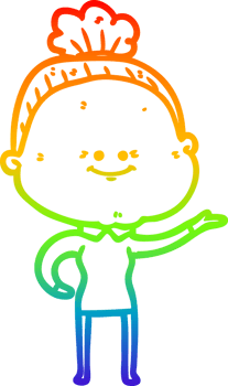 rainbow gradient line drawing of a cartoon happy old woman png