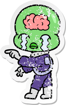 distressed sticker of a cartoon big brain alien crying and pointing png