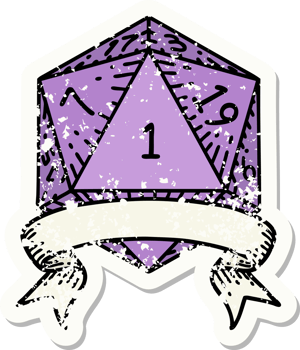 grunge sticker of a natural one d20 dice roll png