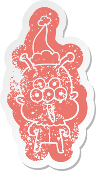 happy quirky cartoon distressed sticker of a alien wearing santa hat png