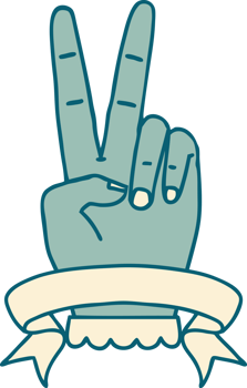 Retro Tattoo Style peace two finger hand gesture with banner png