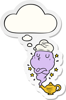 cartoon genie with thought bubble as a printed sticker png