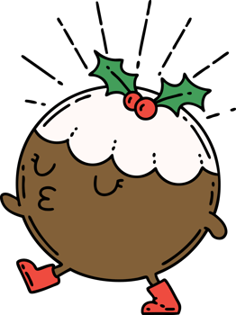 illustration of a traditional tattoo style christmas pudding character walking png