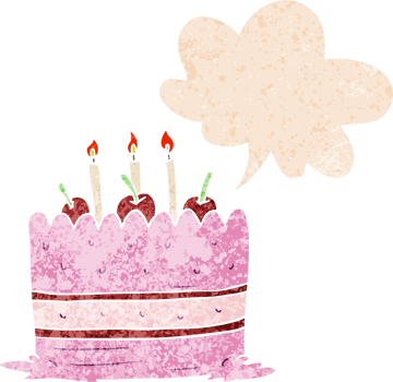 cartoon cake with speech bubble in grunge distressed retro textured style png