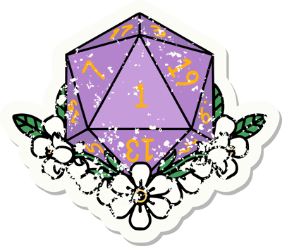 grunge sticker of a natural one dice roll with floral elements png