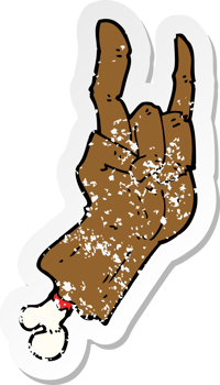 retro distressed sticker of a cartoon hand making rock symbol drawing png