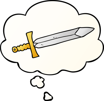 cartoon sword with thought bubble in smooth gradient style png