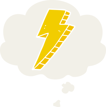 cartoon lightning bolt with thought bubble in retro style png