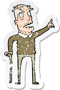 retro distressed sticker of a cartoon old man with walking stick png