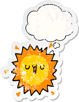cartoon sun with thought bubble as a distressed worn sticker png