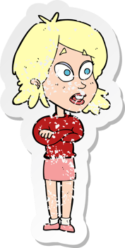 retro distressed sticker of a cartoon surprised woman drawing png