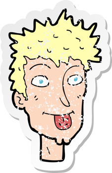 retro distressed sticker of a cartoon man sticking out tongue drawing png