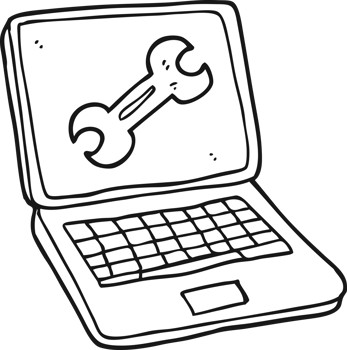 hand drawn black and white cartoon laptop computer with fix screen png