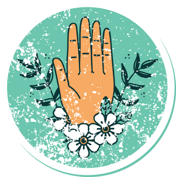 iconic distressed sticker tattoo style image of a hand and flower png