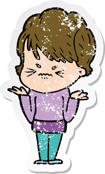distressed sticker of a cartoon frustrated woman png