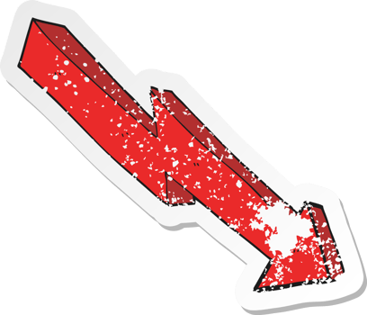 retro distressed sticker of a cartoon arrow down trend png