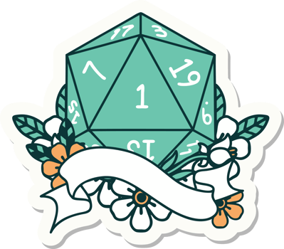 sticker of a natural one d20 dice roll png