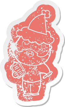 quirky cartoon distressed sticker of a bearded man with clipboard and pen wearing santa hat png