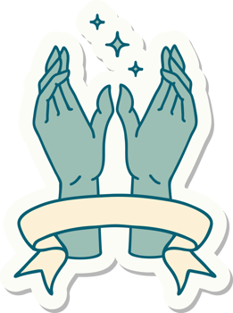 tattoo style sticker with banner of reaching hands png