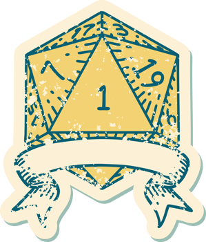 Retro Tattoo Style natural one d20 dice roll png