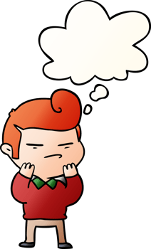 cartoon cool guy with fashion hair cut with thought bubble in smooth gradient style png