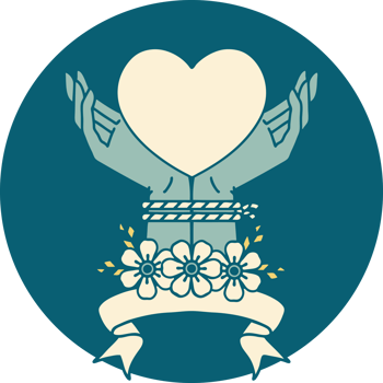 tattoo style icon with banner of tied hands and a heart png