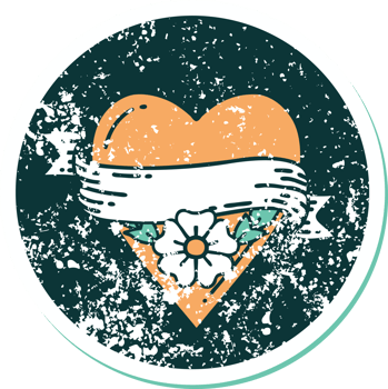 iconic distressed sticker tattoo style image of a heart flower and banner png