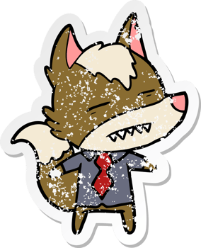 distressed sticker of a cartoon office wolf showing teeth png