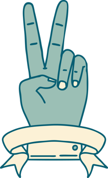 Retro Tattoo Style peace two finger hand gesture with banner png
