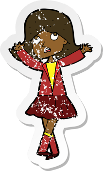 retro distressed sticker of a cartoon unhappy girl png