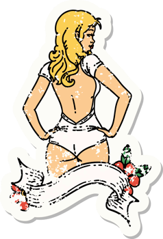 distressed sticker tattoo in traditional style of a pinup swimsuit girl with banner png