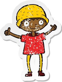 retro distressed sticker of a cartoon boy with positive attitude drawing png