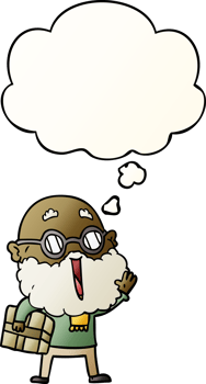 cartoon joyful man with beard and parcel under arm with thought bubble in smooth gradient style png