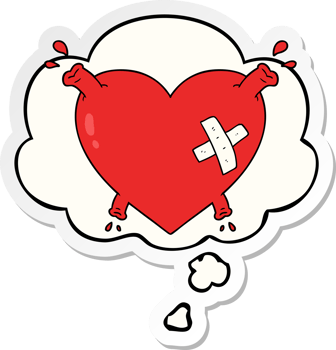 cartoon heart squirting blood with thought bubble as a printed sticker png