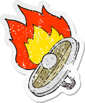 retro distressed sticker of a cartoon shield burning png
