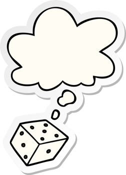 cartoon dice with thought bubble as a printed sticker png