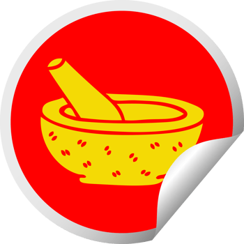 circular peeling sticker quirky cartoon pestle and mortar png