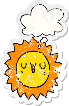 cartoon sun with thought bubble as a distressed worn sticker png