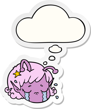 cartoon alien space girl face crying with thought bubble as a printed sticker png