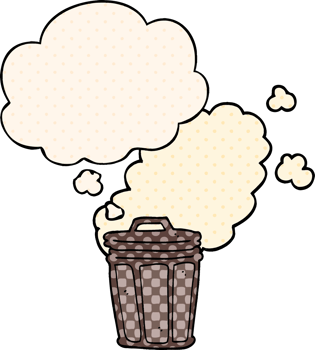 cartoon stinky garbage can with thought bubble in comic book style png