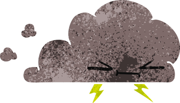 hand drawn retro cartoon of a grumpy lightening cloud png