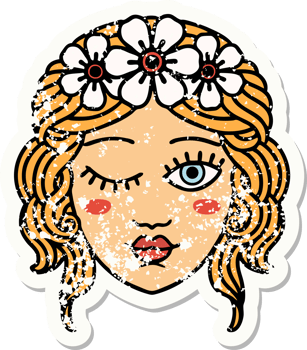 distressed sticker tattoo in traditional style of a maidens face winking png