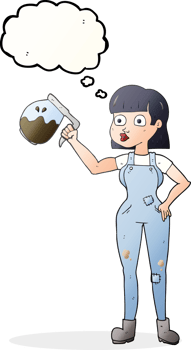 hand drawn thought bubble cartoon woman in dungarees with coffee png