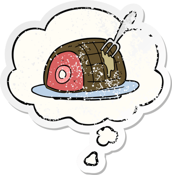 cartoon cooked beef with thought bubble as a distressed worn sticker png