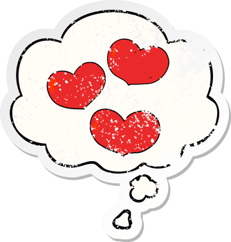 cartoon love hearts with thought bubble as a distressed worn sticker png